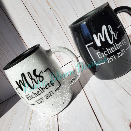 GLITTER Bride and Groom Tumbler Bridal Party Gift Mrs. MR. Personalized Bride To Be Custom Tumbler Wifey Hubby Coffee mug Can Coozie wedding