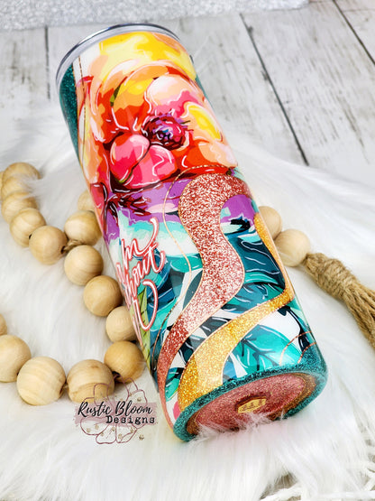 Glitter Pink Coral Teal Floral Swirl Wave Tumbler Custom Gift for Her Travel Mug Personalized Insulated Coffee Cup Hot Drinks Cold