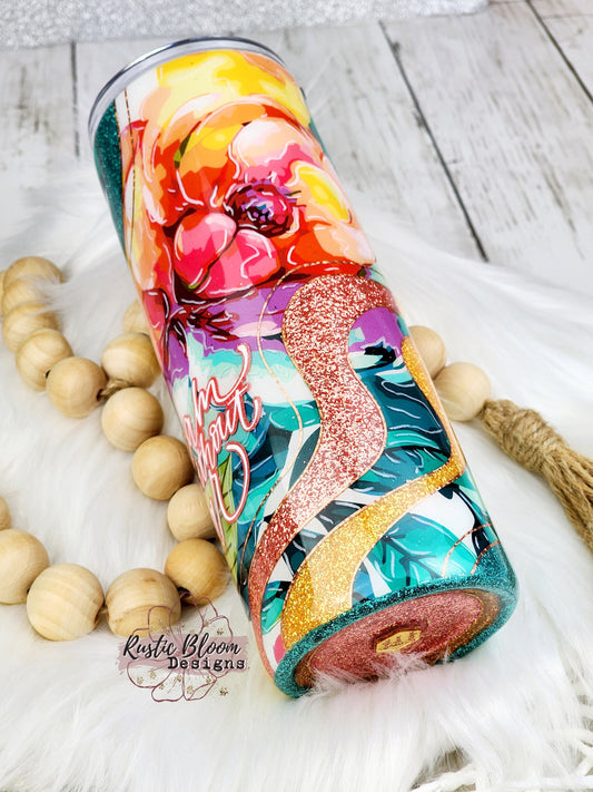 Glitter Pink Coral Teal Floral Swirl Wave Tumbler Custom Gift for Her Travel Mug Personalized Insulated Coffee Cup Hot Drinks Cold
