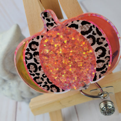 Fall Leopard Pumpkin Glitter Badge Reel  Interchangeable Name Tag Work ID Holder Personalized Nurse Gift for Teacher Holiday Badge