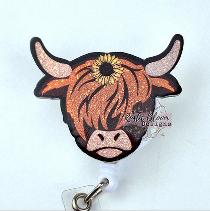 HIGHLAND Cow Glitter Badge Nurse Name Holder Custom Gift For Her Work ID holder Western