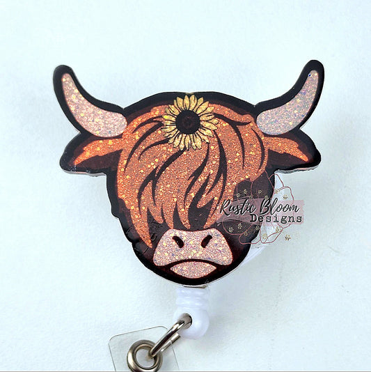 HIGHLAND Cow Glitter Badge Nurse Name Holder Custom Gift For Her Work ID holder Western