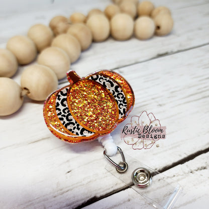 Fall Leopard Pumpkin Glitter Badge Reel  Interchangeable Name Tag Work ID Holder Personalized Nurse Gift for Teacher Holiday Badge