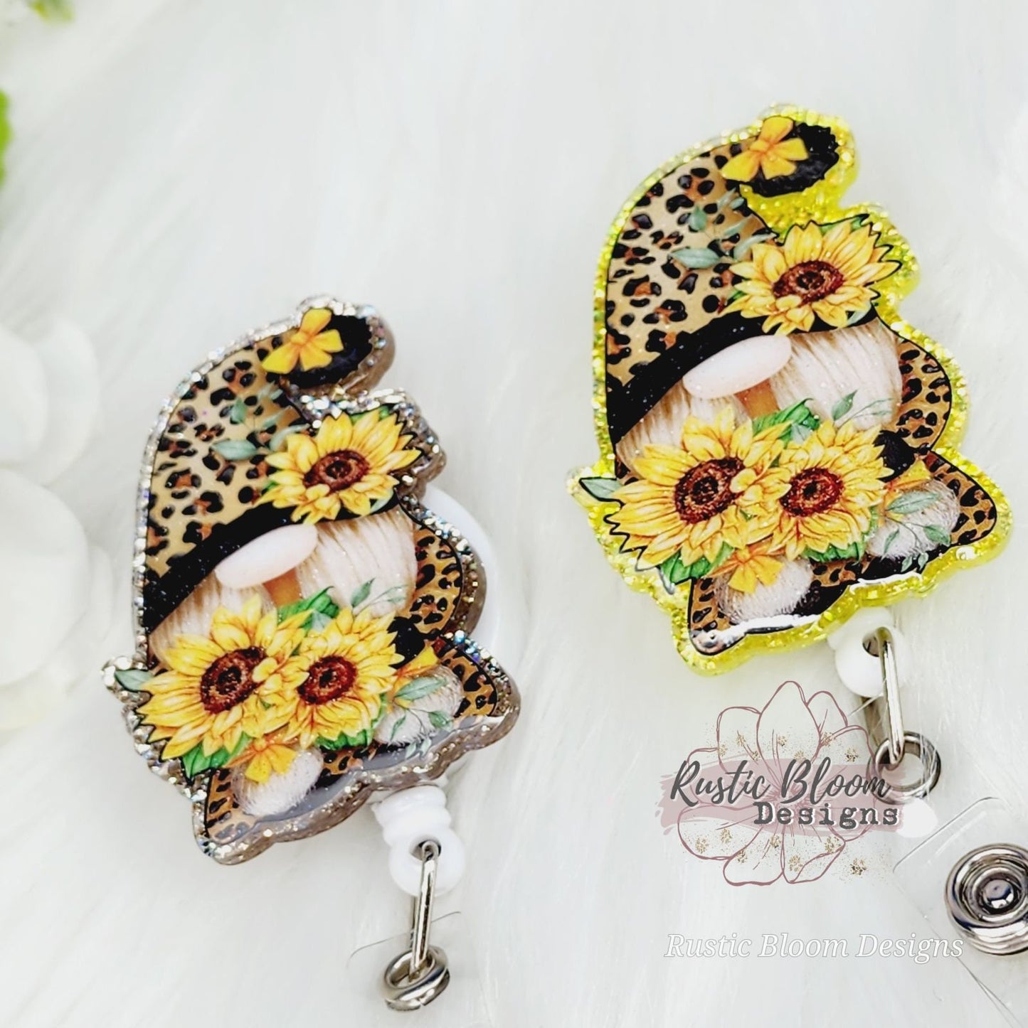 GLITTER Gnome Leopard Print Sunflower Badge Reel Custom Retractable Name Tag Gift For Nurse Id Holder RN Cheetah Badge Teacher Work ID Badge