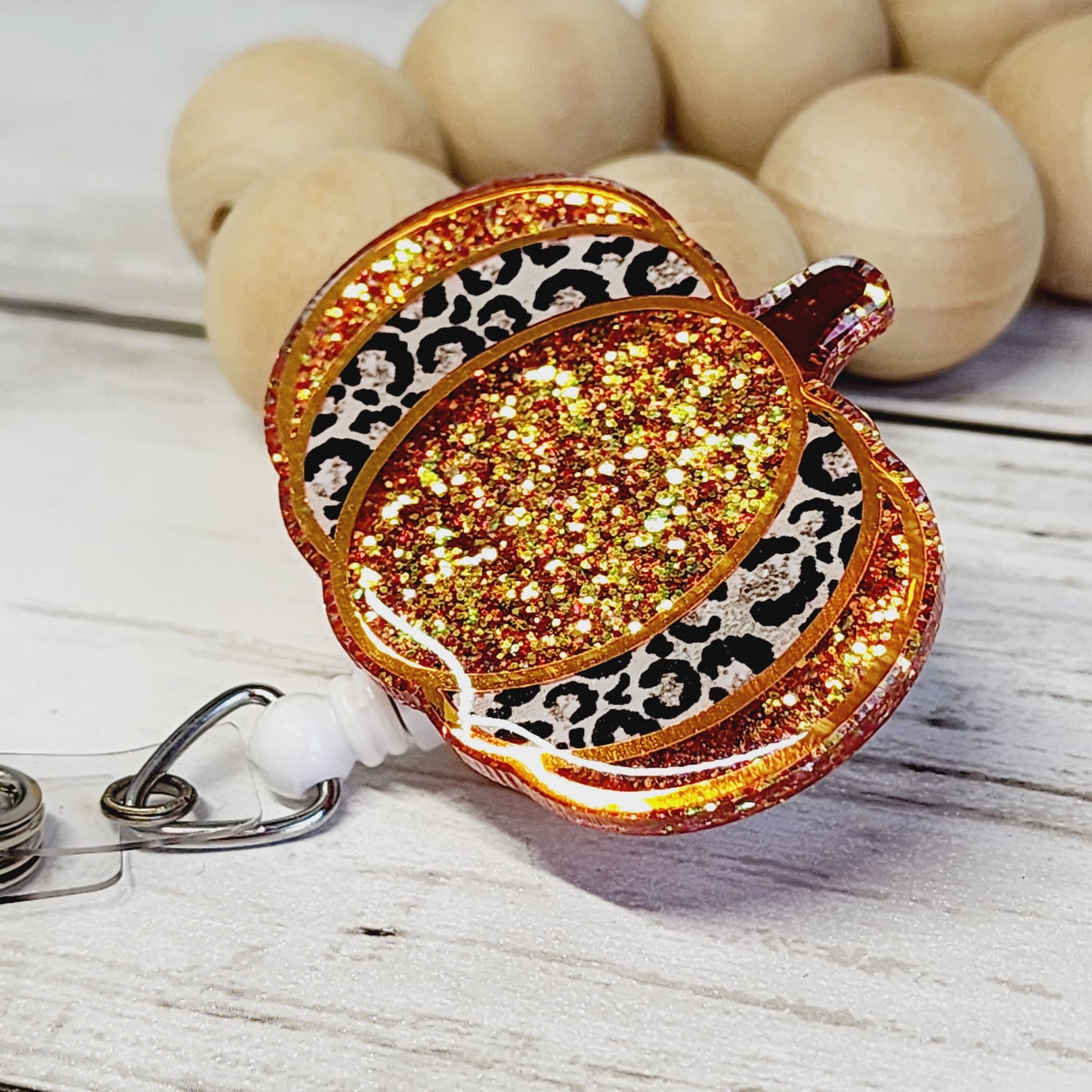 Fall Leopard Pumpkin Glitter Badge Reel  Interchangeable Name Tag Work ID Holder Personalized Nurse Gift for Teacher Holiday Badge