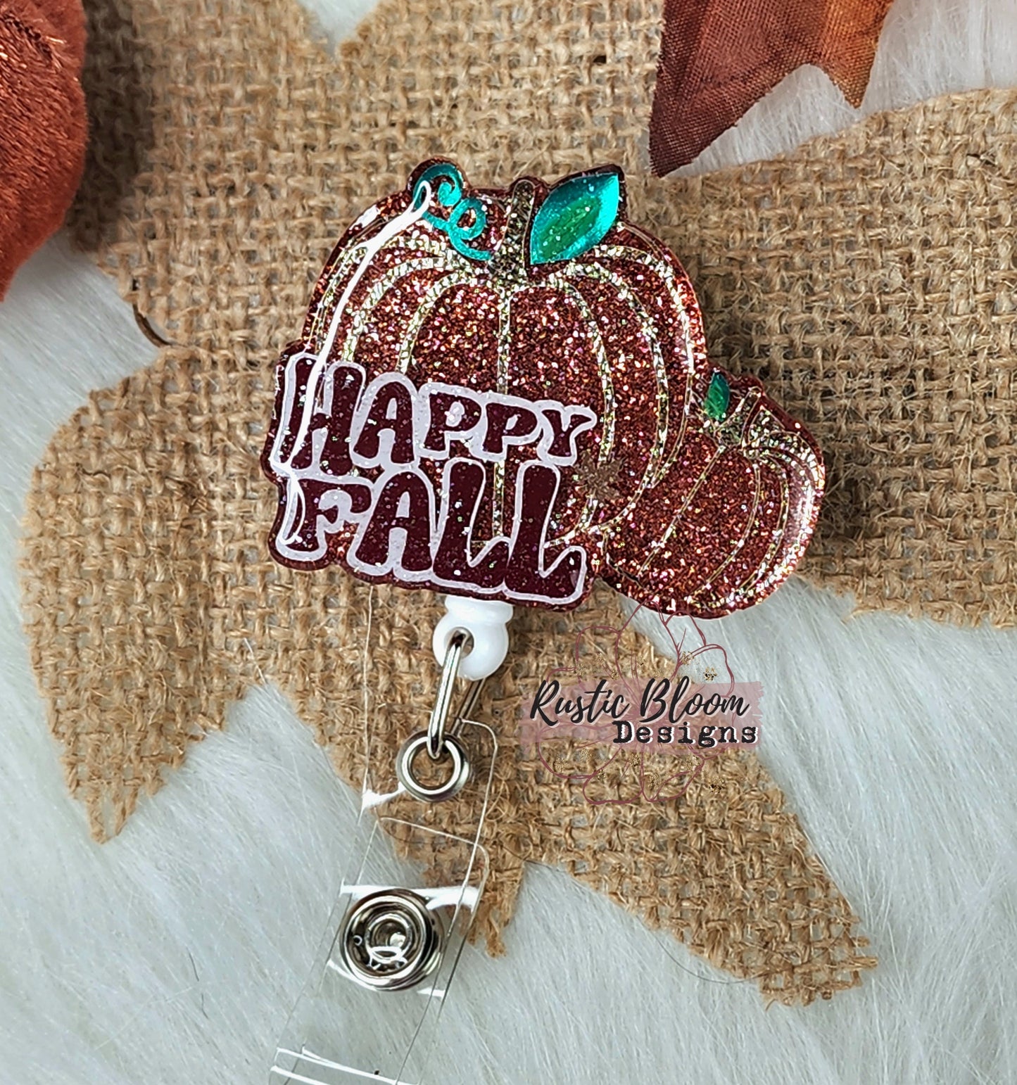 Fall Leopard Pumpkin Glitter Badge Reel  Interchangeable Name Tag Work ID Holder Personalized Nurse Gift for Teacher Holiday Badge