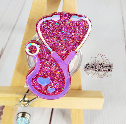 Nurse Heart Glitter Stethescope Badge Reel Custom nurse gift for her essential worker gift personalized Healthcare Badge Holder medical Id