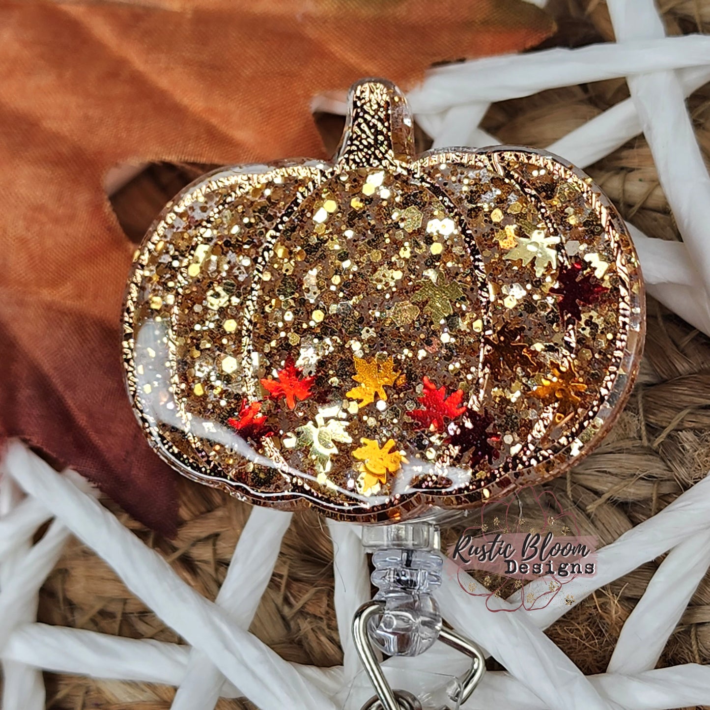 Glitter Pumpkin Leopard Glitter Fall Badge Reel Interchangeable Work ID Holder Personalized Nurse Gift for Teacher Seasonal Badge