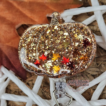Glitter Pumpkin Leopard Glitter Fall Badge Reel Interchangeable Work ID Holder Personalized Nurse Gift for Teacher Seasonal Badge
