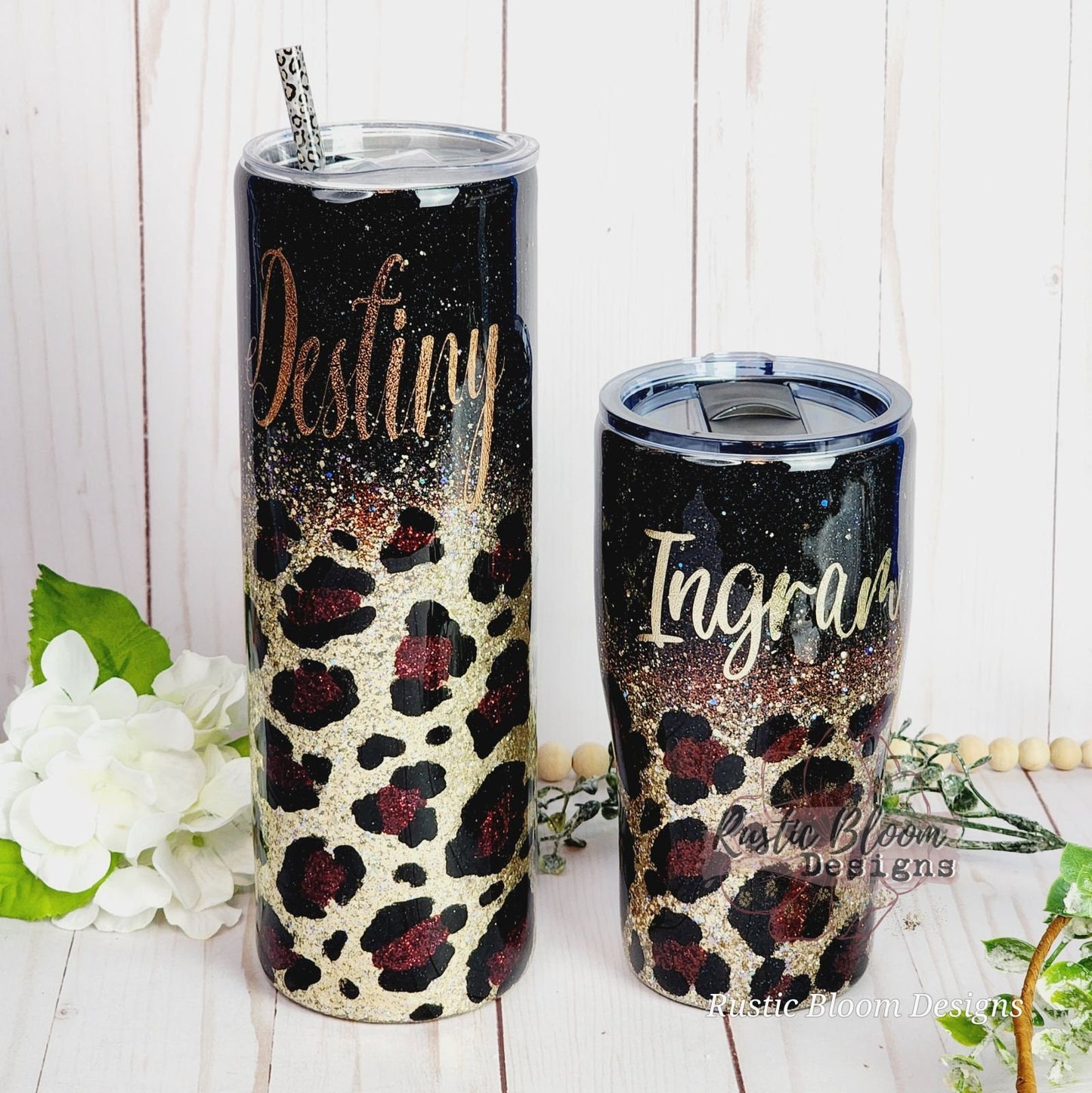 Personalized Black Gold Leopard Glitter Tumbler