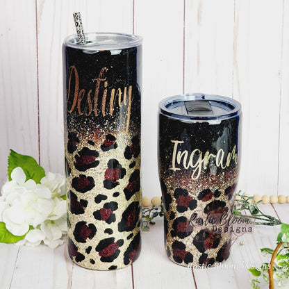 Personalized Black Gold Leopard Glitter Tumbler