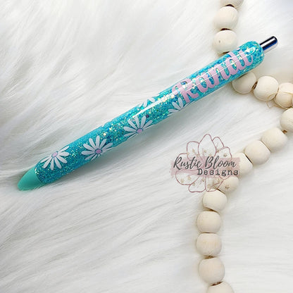 Personalized Daisy Glitter Gel Pen, Epoxy flower Nurse Gift Pen, Teacher Gift Custom Gift for her, Planner accessories