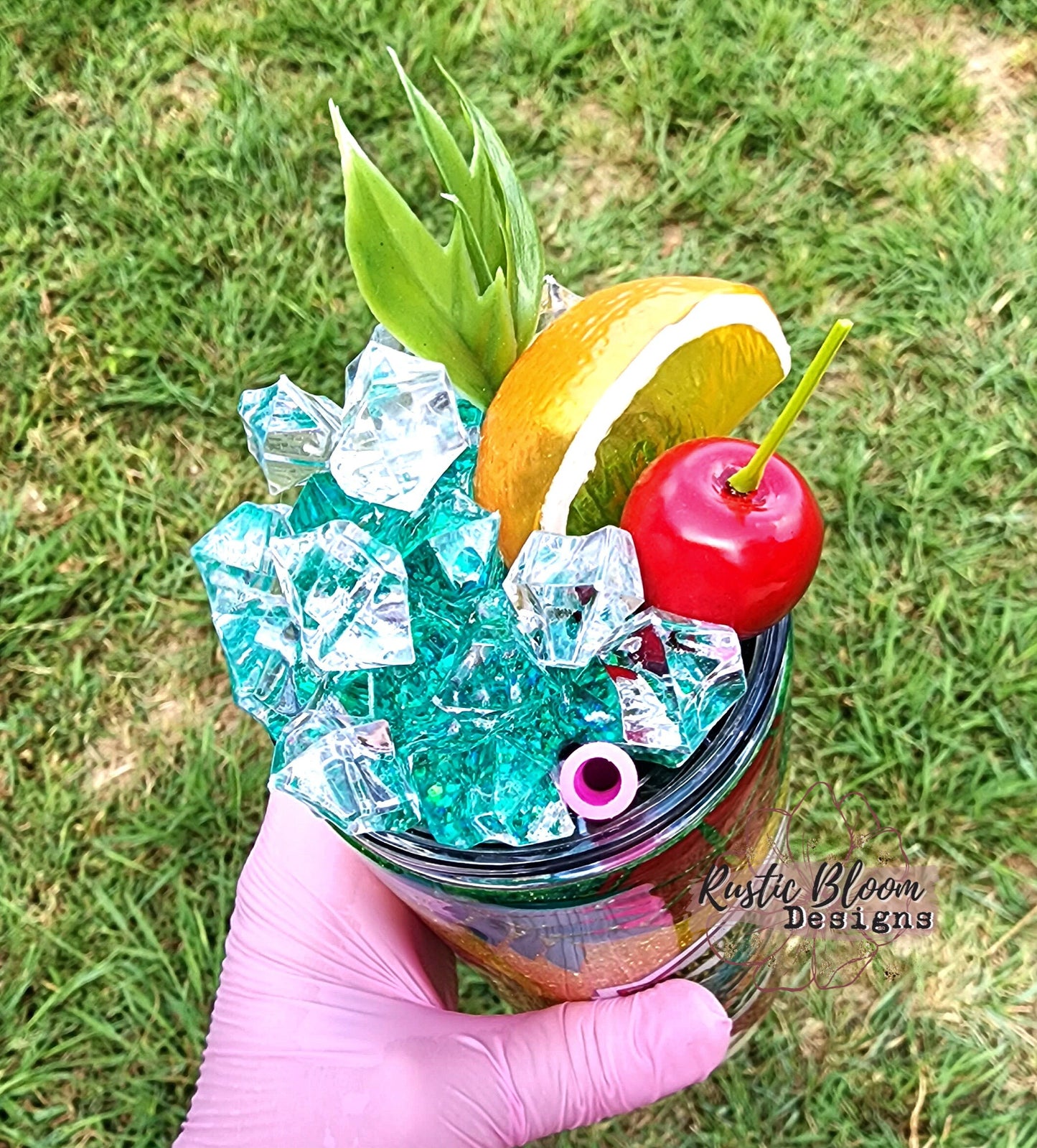 Glitter Cocktail Pineapples Rum gift Swirl Cup personalized travel mug gift for her Insulated With Faux Ice topper