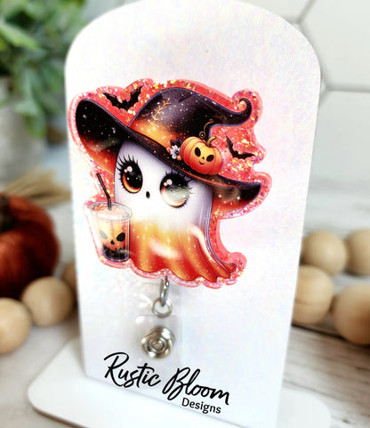 Ghost Witch Hat halloween Glitter Badge Reel Interchangeable Name Tag Work ID Holder Personalized Nurse Gift for Teacher