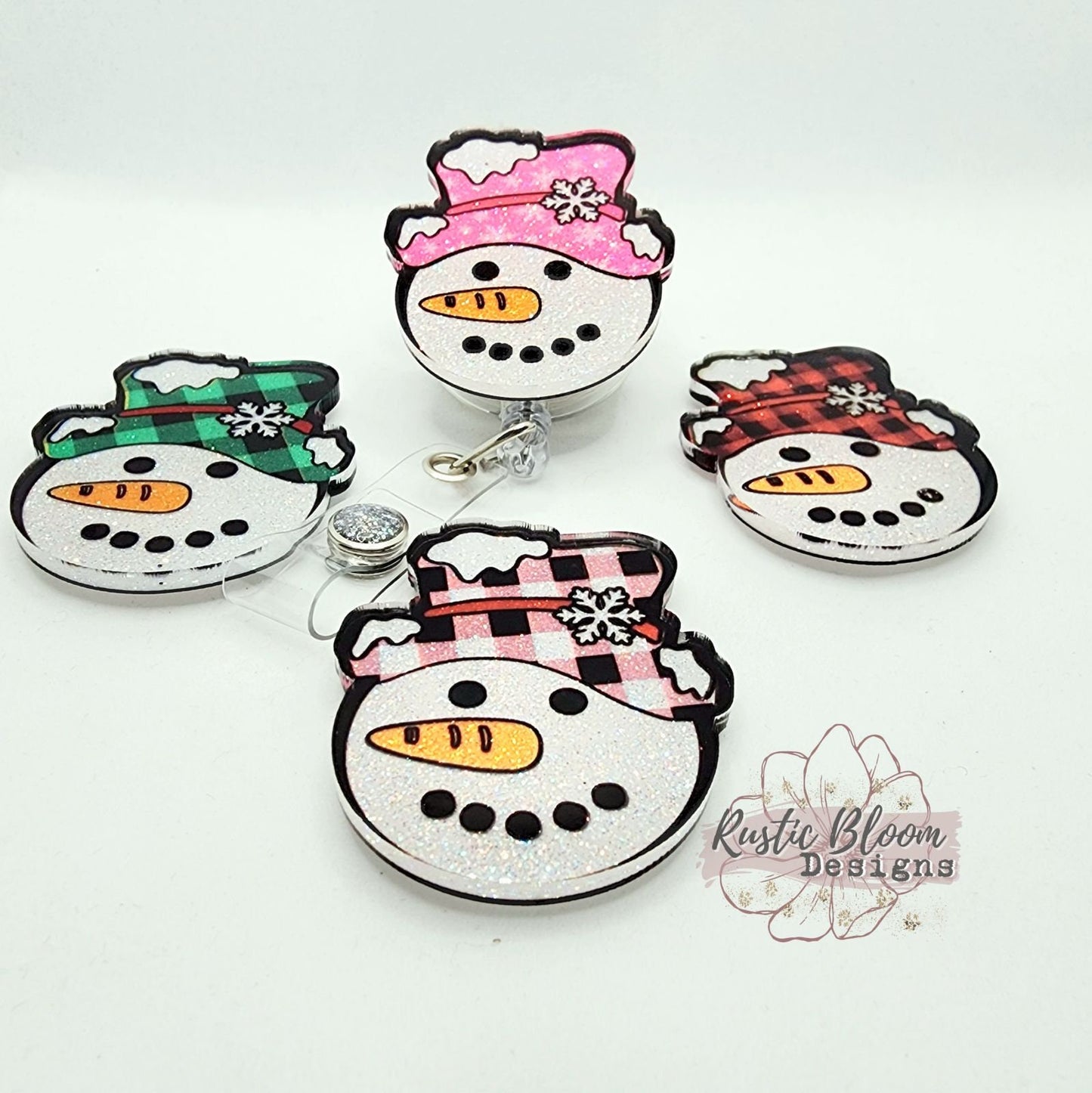 Glitter Snowman Christmas Badge Reel Interchangeable retractable Personalized Custom Work ID Nurse Gift Teacher Christmas buffalo plaid hat