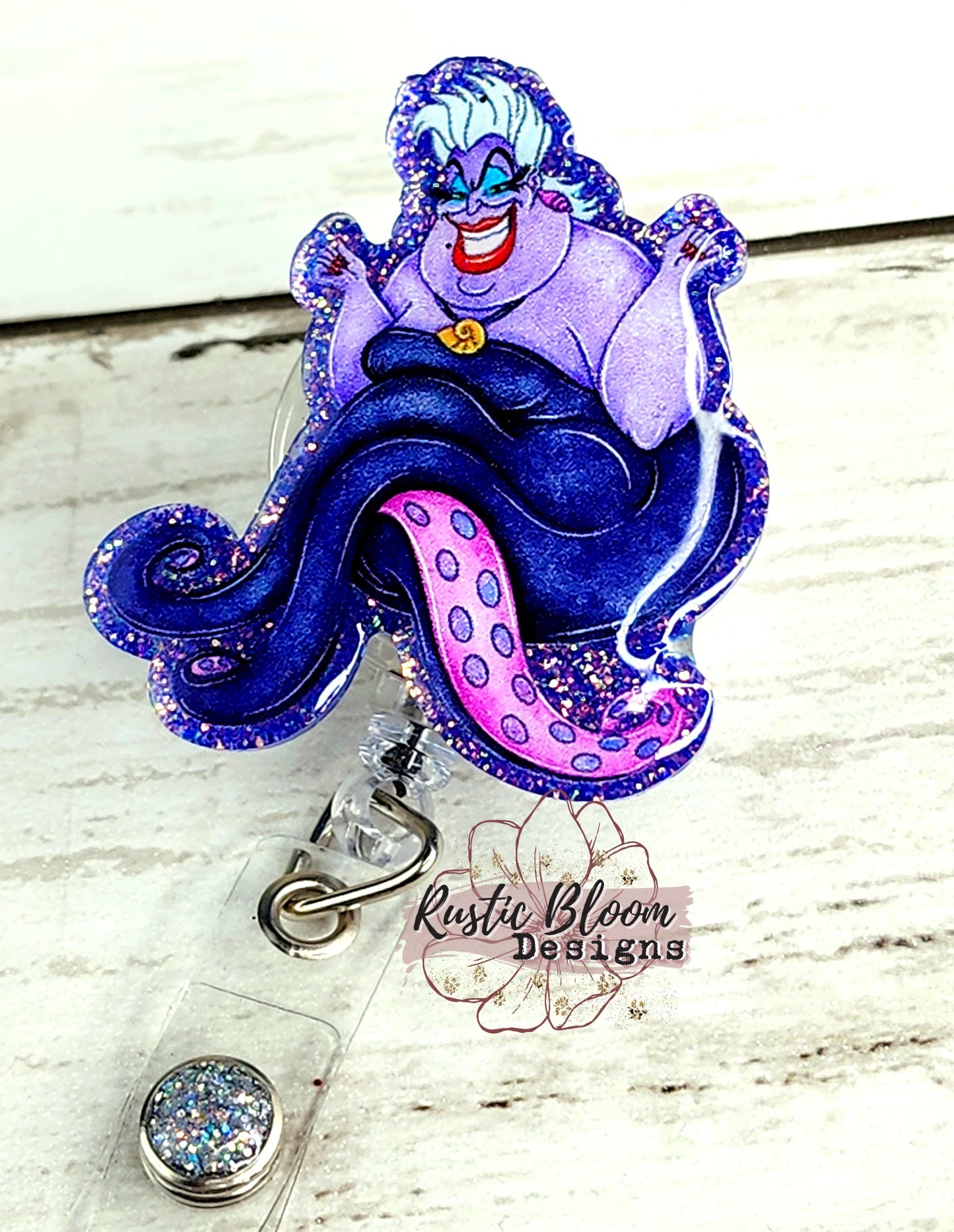 Ursula  Character Glitter Badge Reel Interchangeable RN Custom Retractable BadgeID Holder Teacher Gift For Coworker Name Tag Nurse