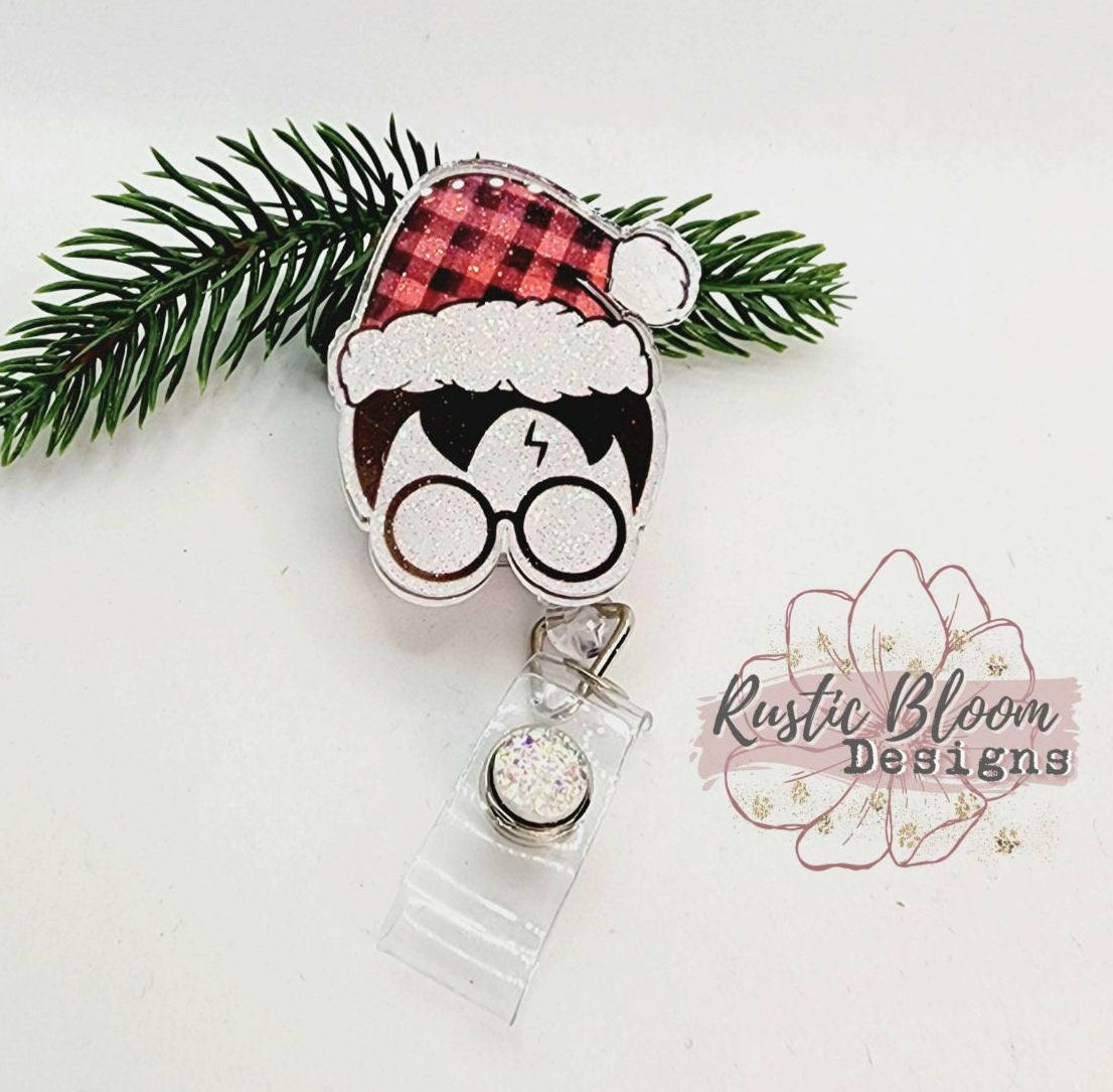 Glitter Harry Potter Santa Hat Badge Reel Interchangeable retractable Custom Work ID Nurse Gift Teacher Christmas Buffalo Plaid