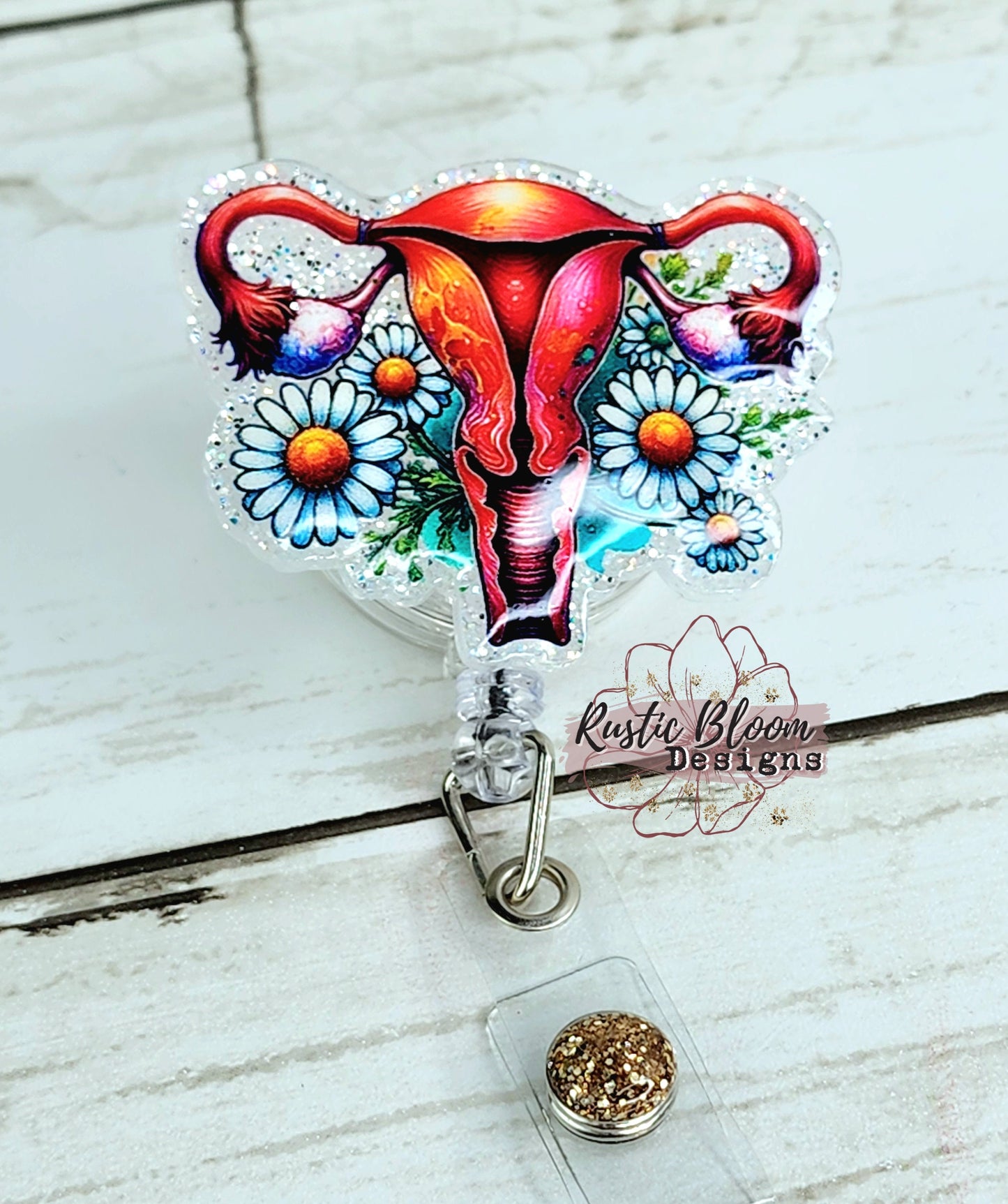 Glitter Anatomical Uterus Floral Badge Reel Custom nurse gift for her Nurse Coworker gift Badge Holder medical Id holder