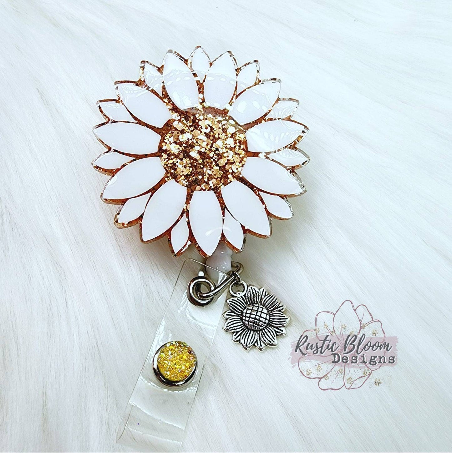 Glitter Rose Gold Sunflower Badge Reel Retractable Interchangeable Nurse Name Holder Custom Gift For Her Work ID holder Teacher ID Tag