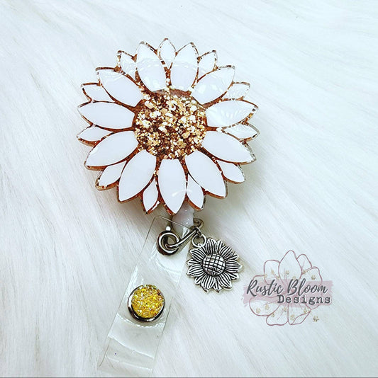 Glitter Rose Gold Sunflower Badge Reel Retractable Interchangeable Nurse Name Holder Custom Gift For Her Work ID holder Teacher ID Tag