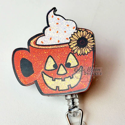 Jackolanten Coffee Mug Glitter Badge Reel Interchangeable Name Tag Work ID Holder Nurse Gift for Teacher Halloween Badge Holiday Name Holder