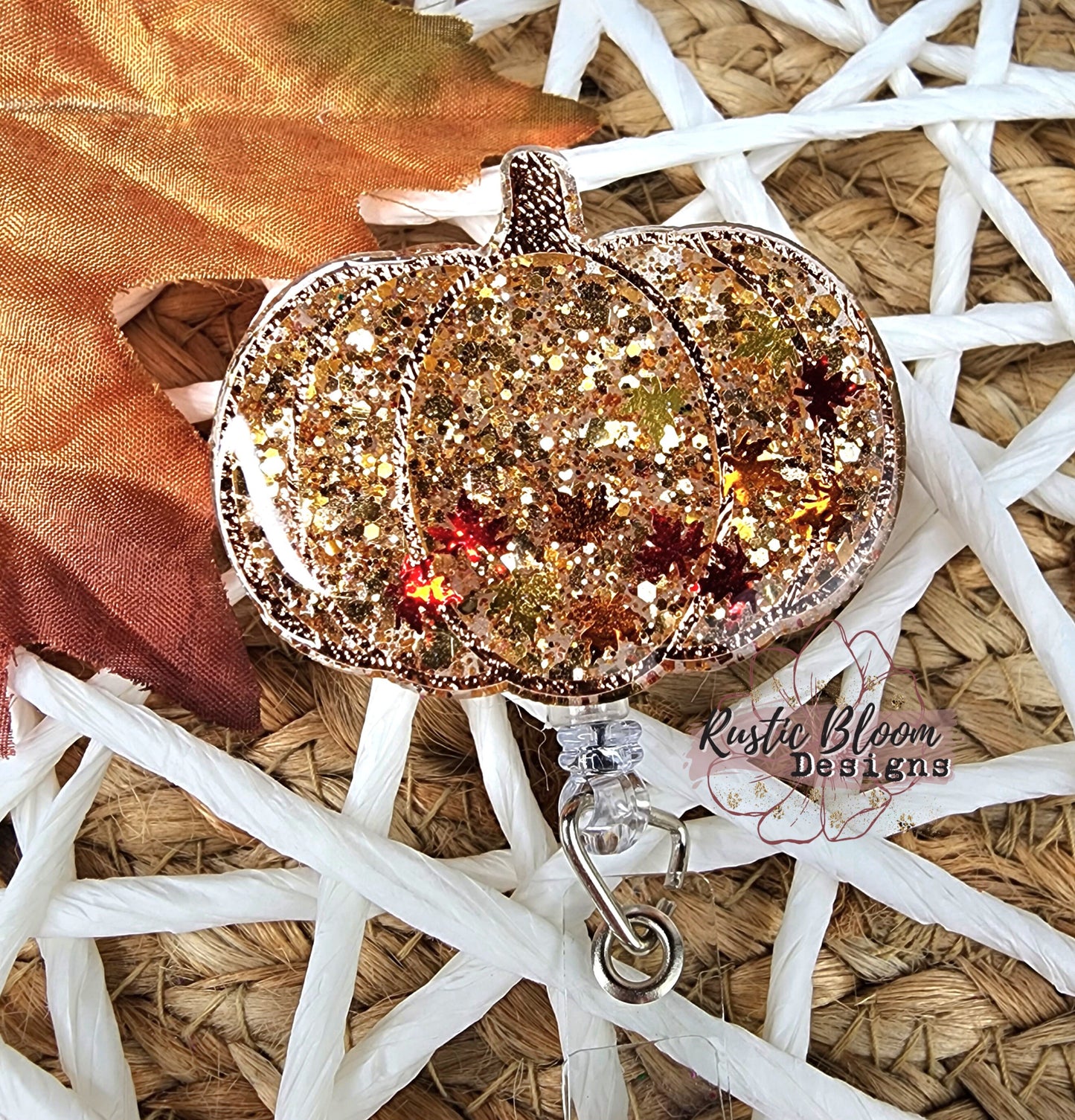 Glitter Pumpkin Leopard Glitter Fall Badge Reel Interchangeable Work ID Holder Personalized Nurse Gift for Teacher Seasonal Badge
