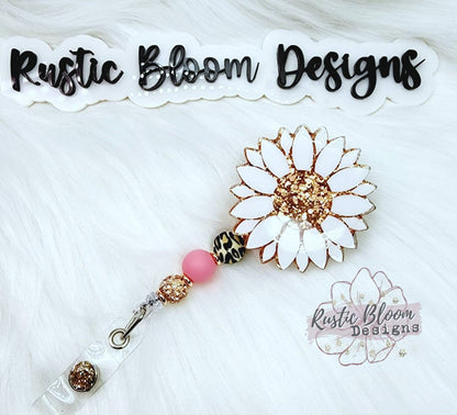 Glitter Rose Gold Sunflower Badge Reel Retractable Interchangeable Nurse Name Holder Custom Gift For Her Work ID holder Teacher ID Tag