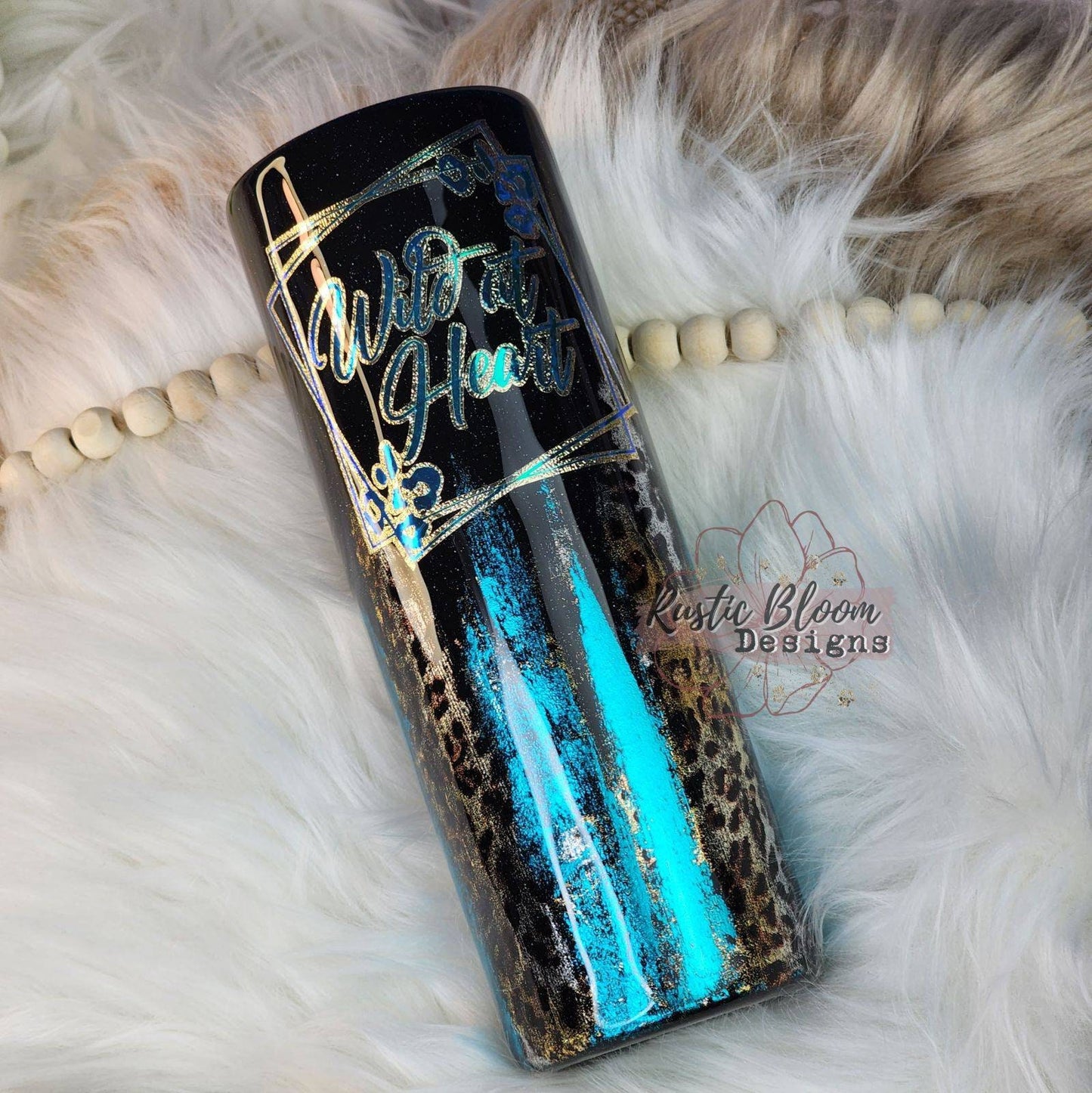 Black Glitter with Turquoise and Gold Leopard Brush Stroke "Wild at Heart" 20 oz tumbler