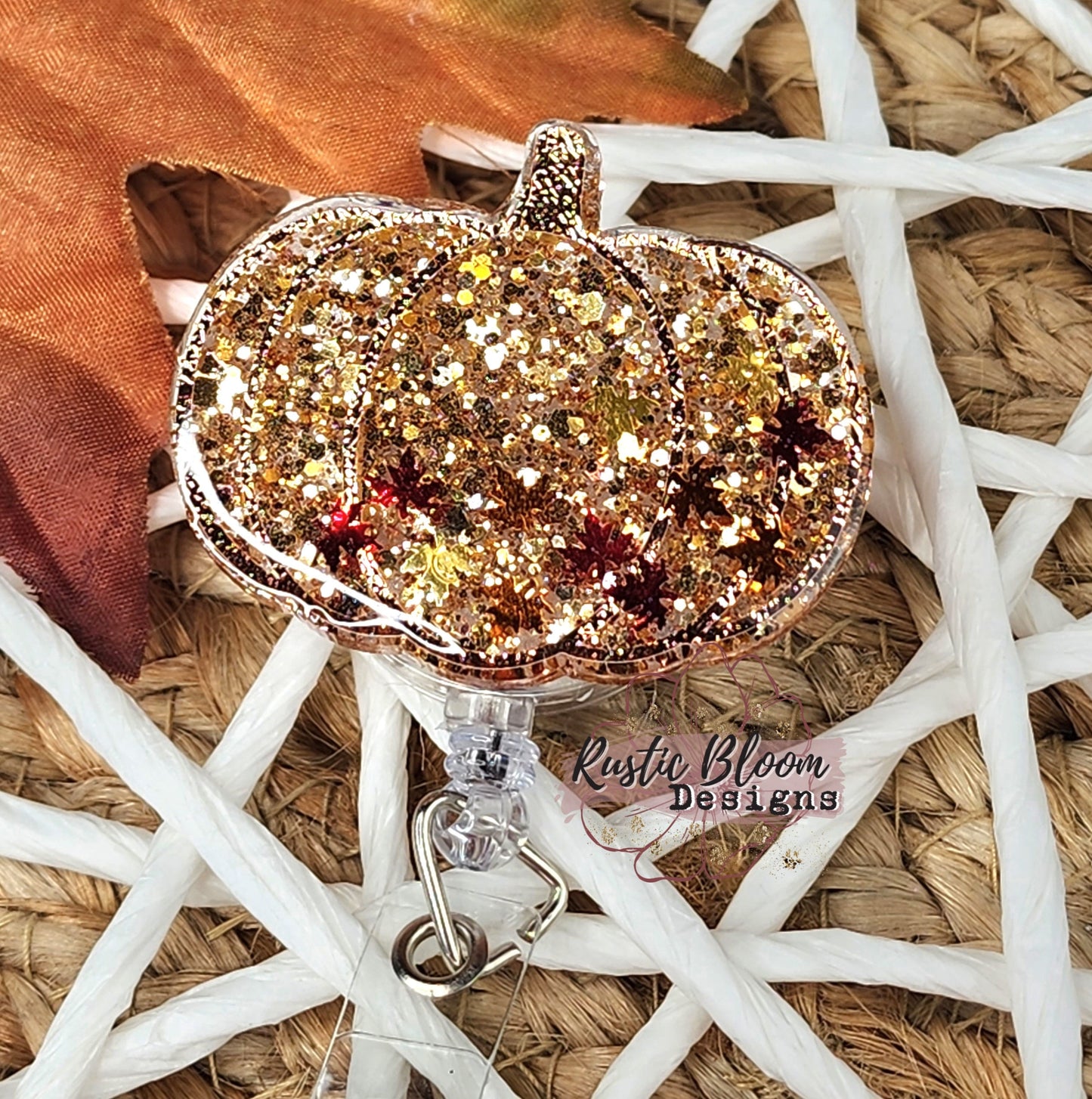 Glitter Pumpkin Leopard Glitter Fall Badge Reel Interchangeable Work ID Holder Personalized Nurse Gift for Teacher Seasonal Badge