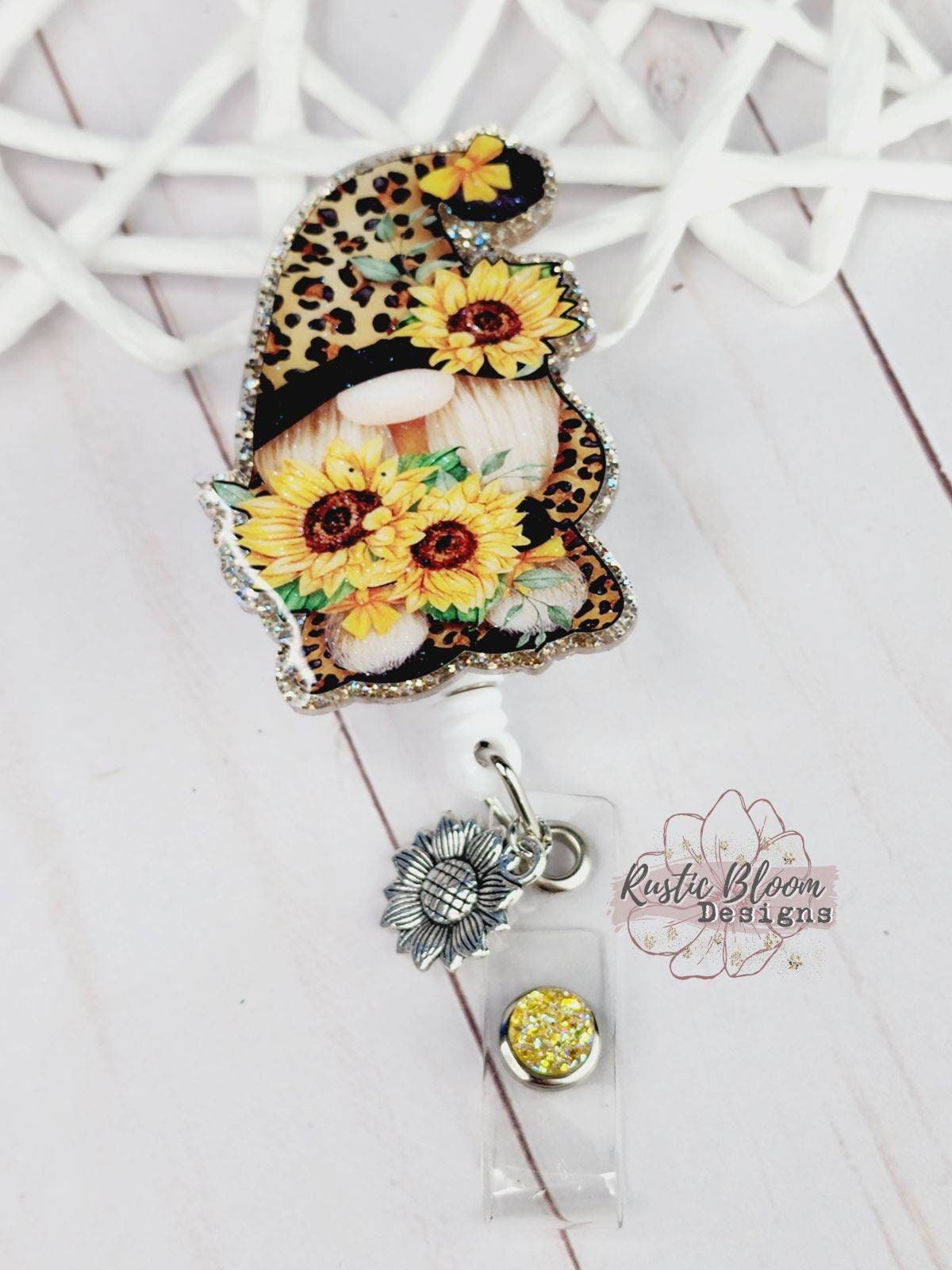 GLITTER Gnome Leopard Print Sunflower Badge Reel Custom Retractable Name Tag Gift For Nurse Id Holder RN Cheetah Badge Teacher Work ID Badge