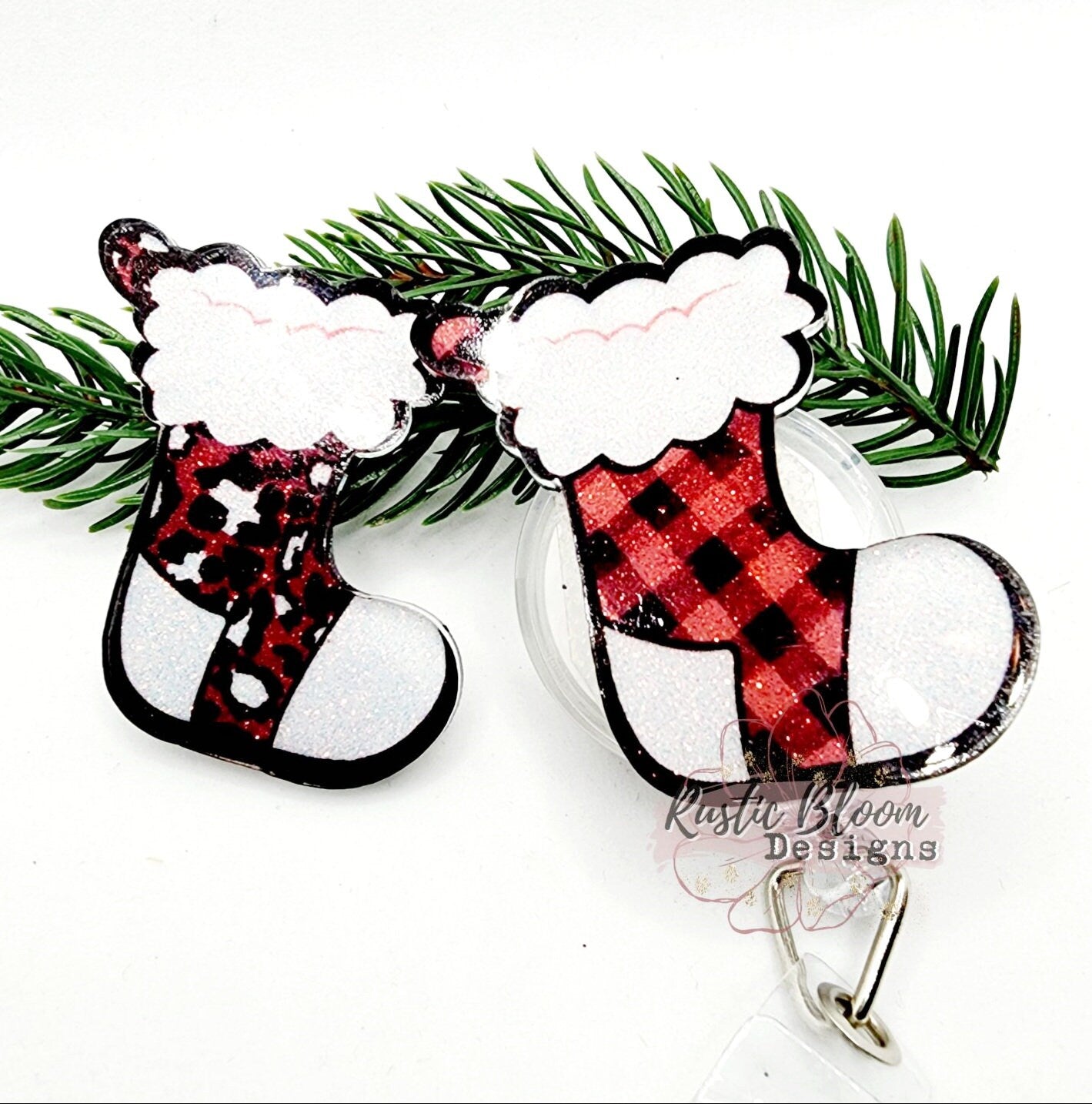 Glitter Stocking Christmas Badge Reel Interchangeable retractable Personalized Custom Work ID Nurse Gift Teacher Christmas buffalo plaid