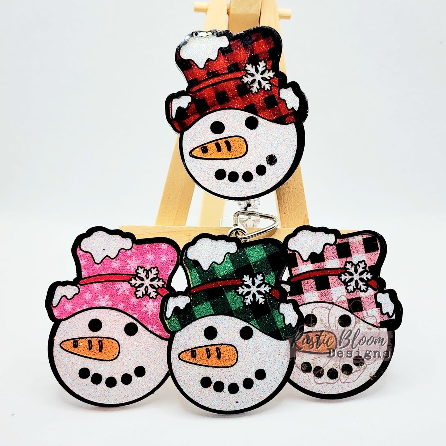 Glitter Snowman Christmas Badge Reel Interchangeable retractable Personalized Custom Work ID Nurse Gift Teacher Christmas buffalo plaid hat