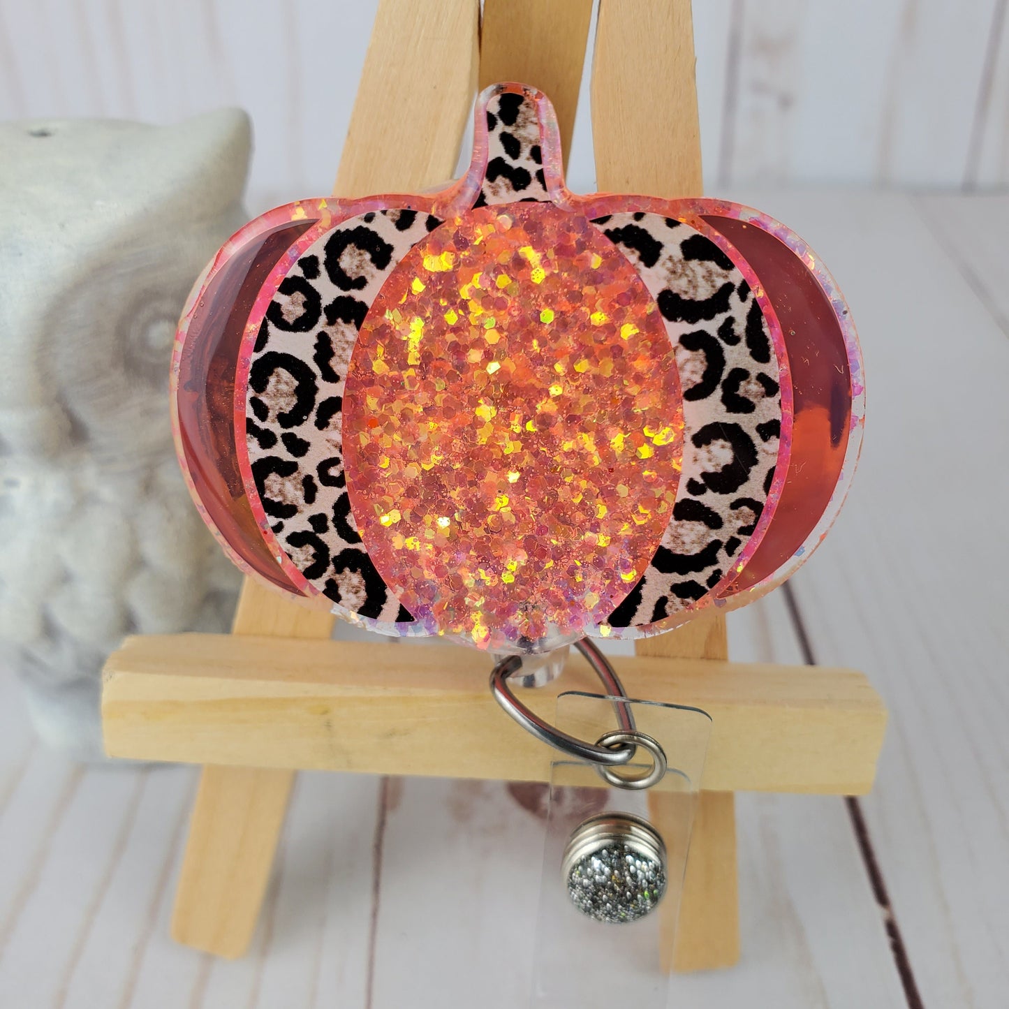 Fall Leopard Pumpkin Glitter Badge Reel  Interchangeable Name Tag Work ID Holder Personalized Nurse Gift for Teacher Holiday Badge
