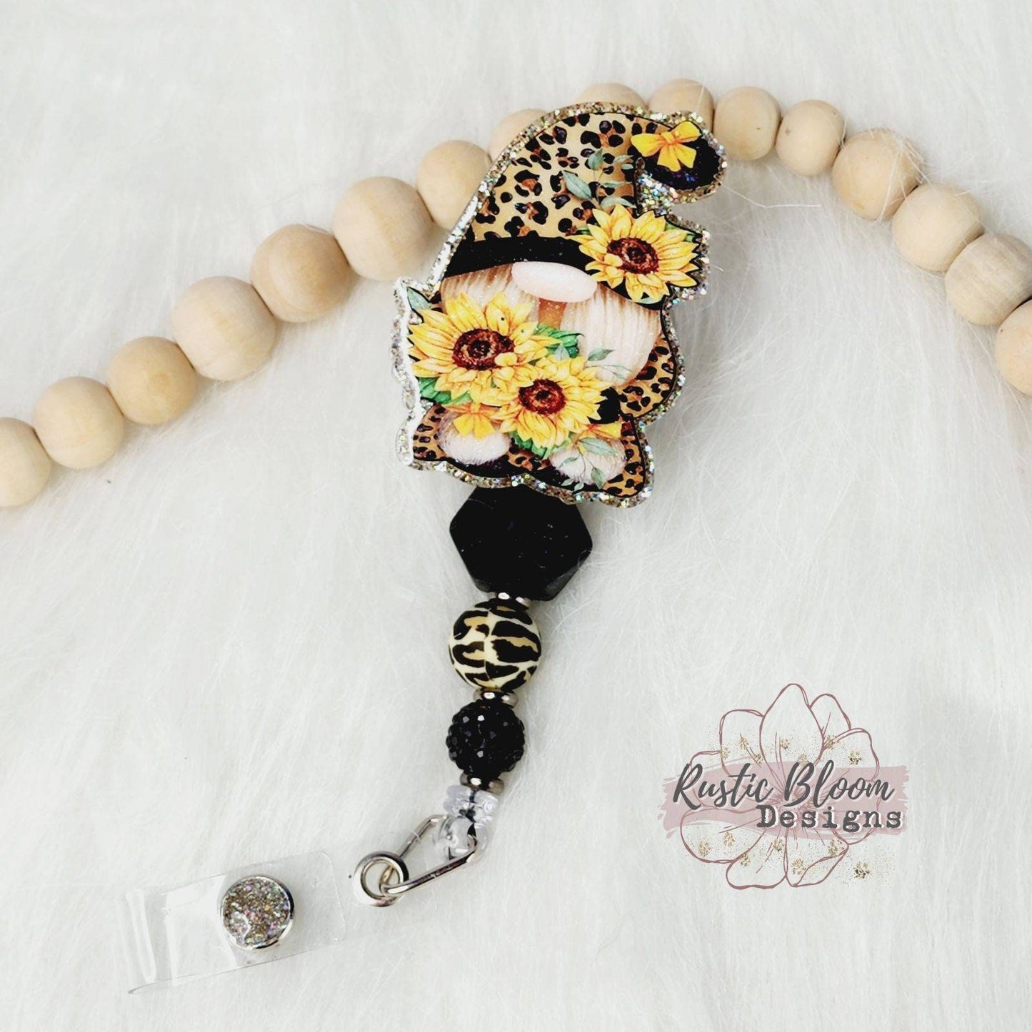 GLITTER Gnome Leopard Print Sunflower Badge Reel Custom Retractable Name Tag Gift For Nurse Id Holder RN Cheetah Badge Teacher Work ID Badge