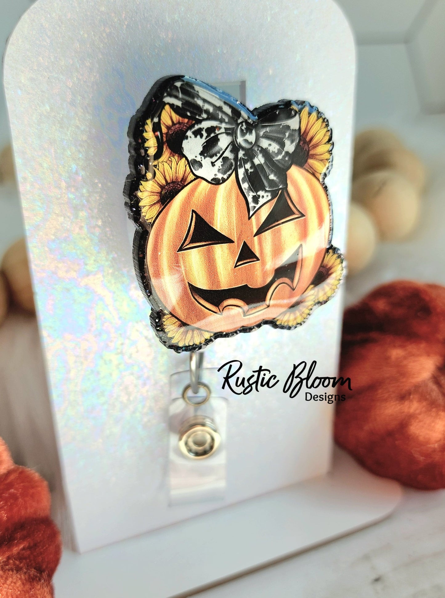 Jack O Lantern Pumpkin Sunflowers halloween  Glitter Badge Reel Interchangeable Name Tag Work ID Holder Personalized Nurse Gift for Teacher