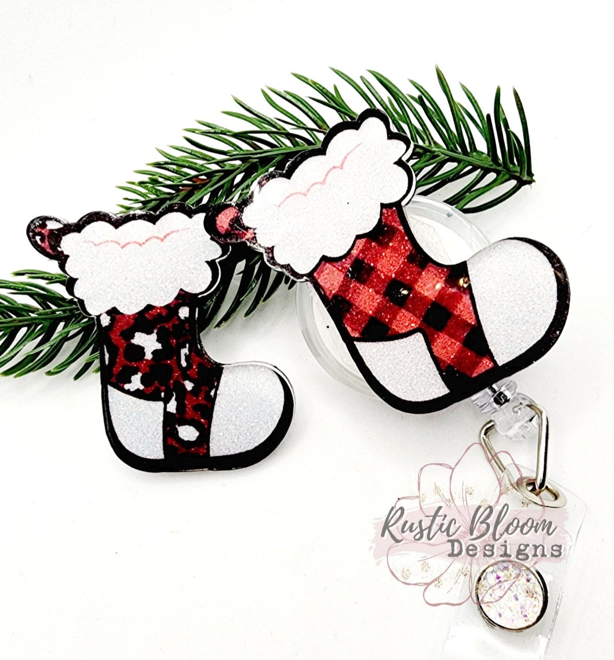 Glitter Stocking Christmas Badge Reel Interchangeable retractable Personalized Custom Work ID Nurse Gift Teacher Christmas buffalo plaid