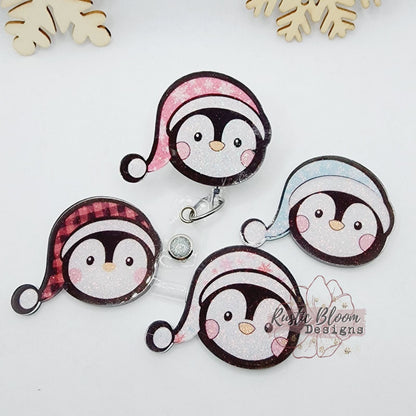 Glitter Penguin Santa Hat Christmas Badge Reel Interchangeable retractable Custom Work ID Nurse Gift Teacher Christmas buffalo plaid