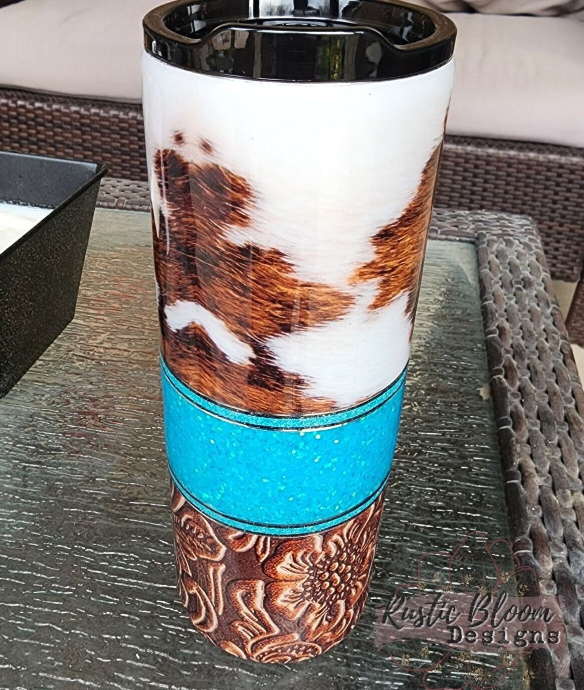 Western Cow Tumbler Teal Turquoise Glitter Tooled Leather Cowhide Lover Rustic Travel mug Coffee Lover Epoxy Drink Cup Water Personalized