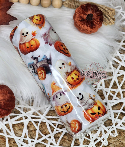 Cute Ghost Pumpkin Glitter insulated Custom Halloween Tumbler Spooky Season insulated 20oz tumbler. tumbler to go. Custom Glitter mug