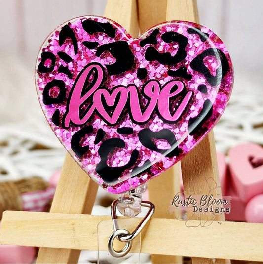 Heart Shaped Leopard Print and glitter Badge Reel