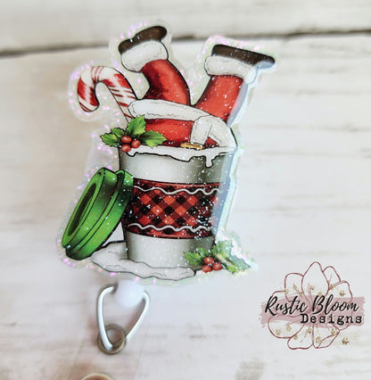 Glitter Christmas Santa Feet Coffee Mug Badge Reel Interchangeable retractable Personalized Custom Work ID Nurse Gift Teacher