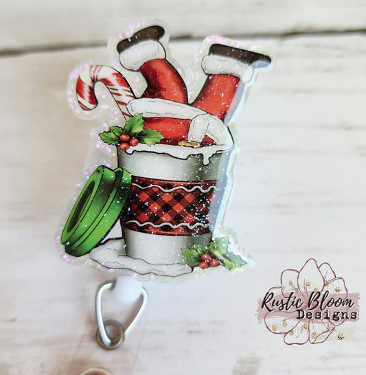 Glitter Christmas Santa Feet Coffee Mug Badge Reel Interchangeable retractable Personalized Custom Work ID Nurse Gift Teacher