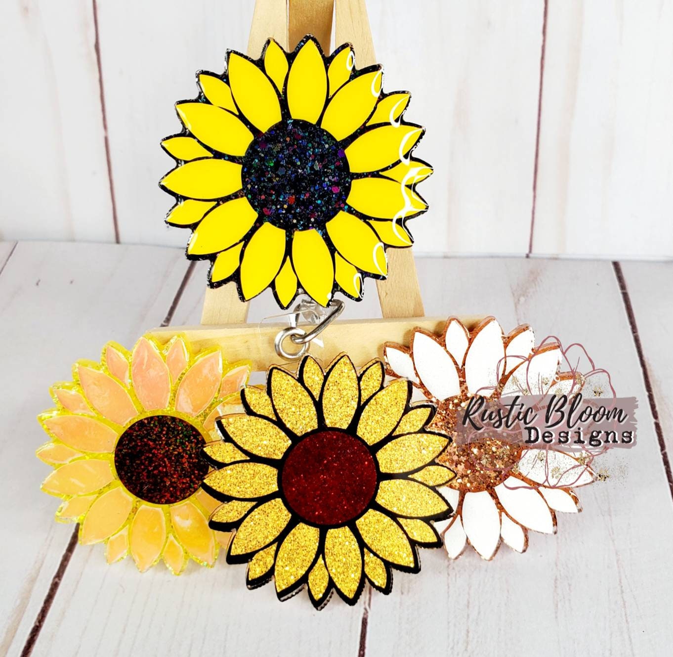 Glitter Sunflower Badge Reel Retractable Interchangeable Nurse Name Holder Custom Gift For Her Work ID holder Teacher ID Tag