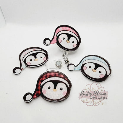 Glitter Penguin Santa Hat Christmas Badge Reel Interchangeable retractable Custom Work ID Nurse Gift Teacher Christmas buffalo plaid
