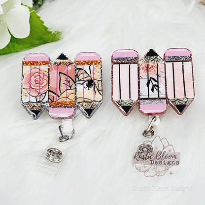 Glitter Pencil Badge Reel Retractable Interchangeable teacher Name Holder Custom Gift For Her Work ID holder Teacher ID Tag gift
