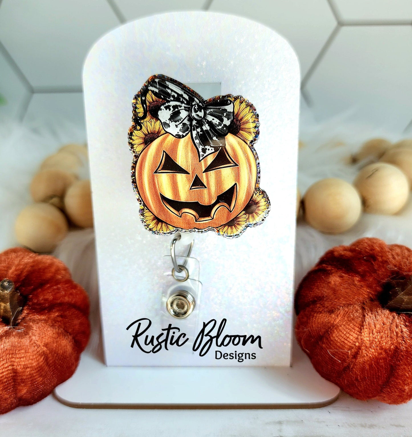 Jack O Lantern Pumpkin Sunflowers halloween  Glitter Badge Reel Interchangeable Name Tag Work ID Holder Personalized Nurse Gift for Teacher