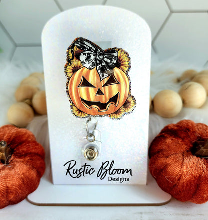 Jack O Lantern Pumpkin Sunflowers halloween  Glitter Badge Reel Interchangeable Name Tag Work ID Holder Personalized Nurse Gift for Teacher