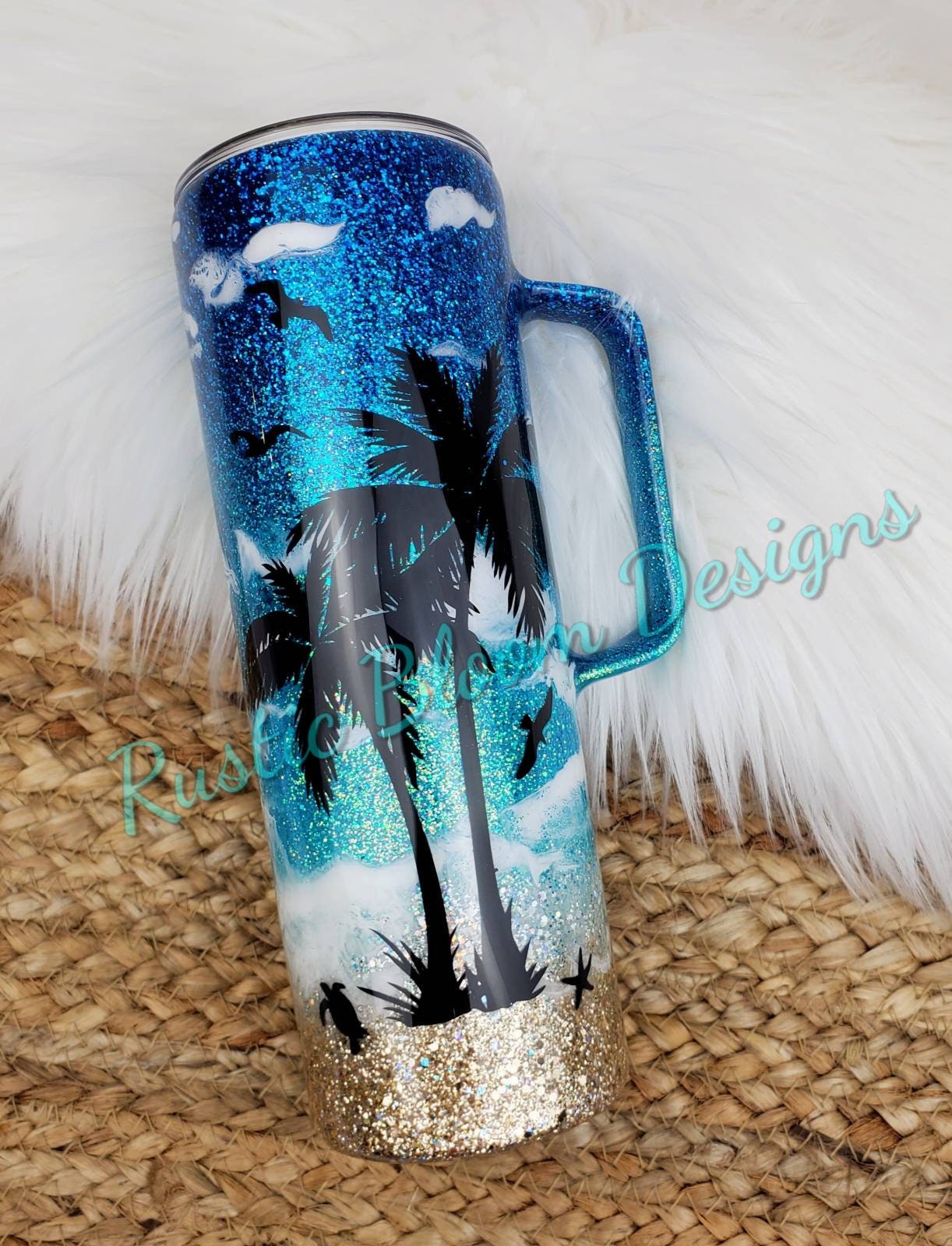 BEACH Ombre Glitter Tumbler PALM TREES  Mother's Day Gift for Her Custom Insulated Travel Coffee Mug Personalized Cup Tropical Ocean Waves
