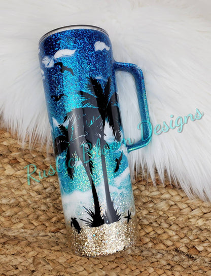 BEACH Ombre Glitter Tumbler PALM TREES  Mother's Day Gift for Her Custom Insulated Travel Coffee Mug Personalized Cup Tropical Ocean Waves
