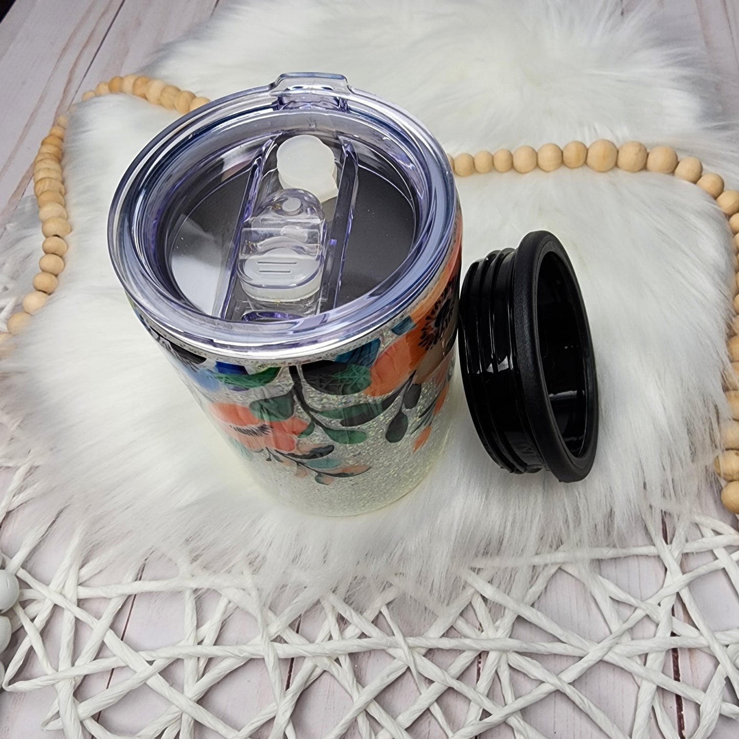 Glitter White  Floral Can Coozie stainless steel can  gift for her custom epoxy tumbler insulated drink cooler personalized tumbler